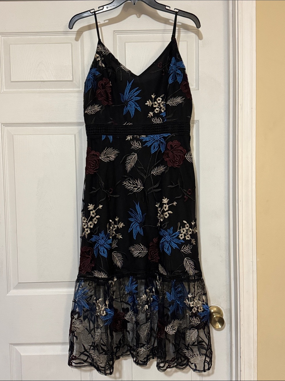 BB Dakota Black Midi Dress with Blue and Burgundy Floral Embroidery 225